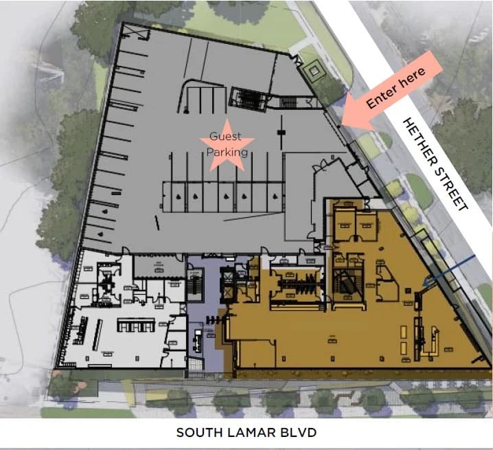 Site plan for 2010 S Lamar Blvd, Suite 125. The garage entrance is off Hether Street on the east side, guest parking is in the centre of the lot, and South Lamar Boulevard runs along the south edge.