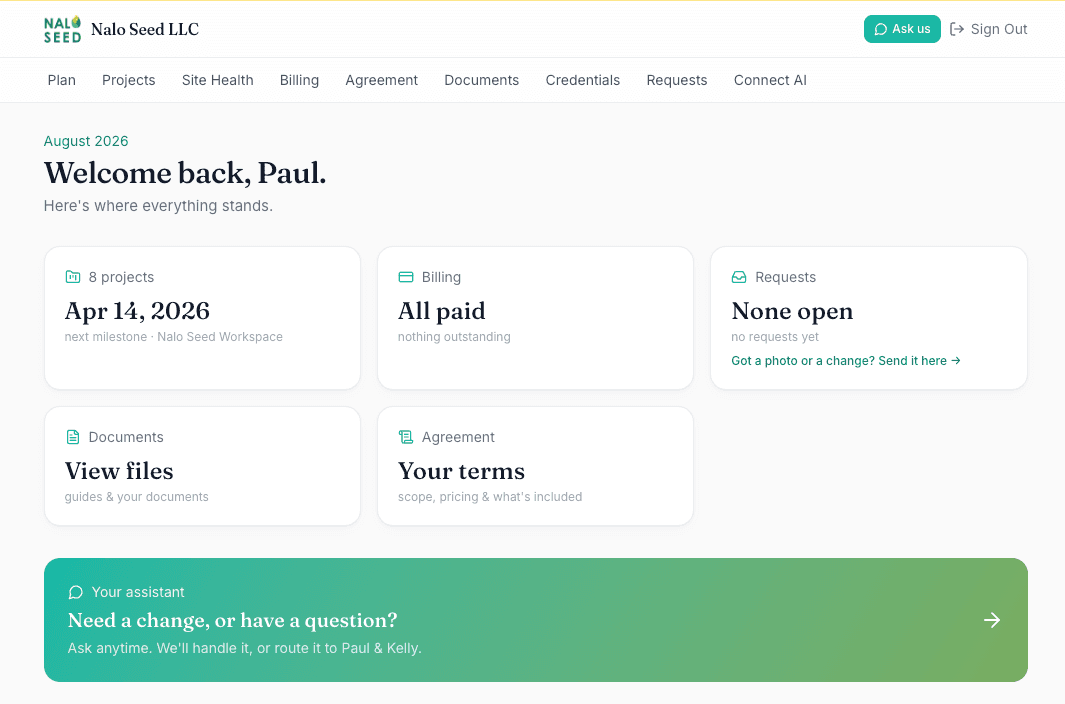 The Nalo Seed client portal dashboard: next milestone, billing status, open requests, documents and terms, above a panel for asking us for a change