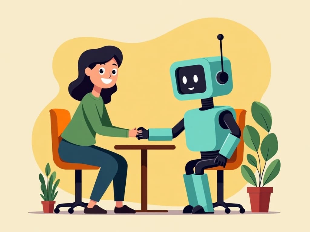 A friendly robot assistant shaking hands with a small-business owner