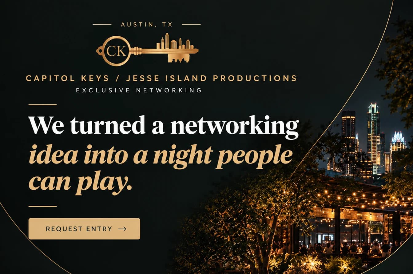 Capitol Keys / Jesse Island Productions: We turned a networking idea into a night people can play, over a night view of the Austin skyline from the event venue