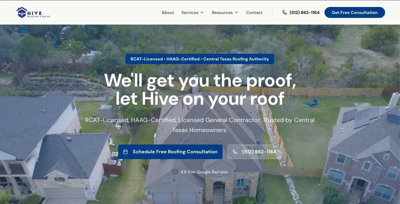 Hive Roofing & Solar website screenshot