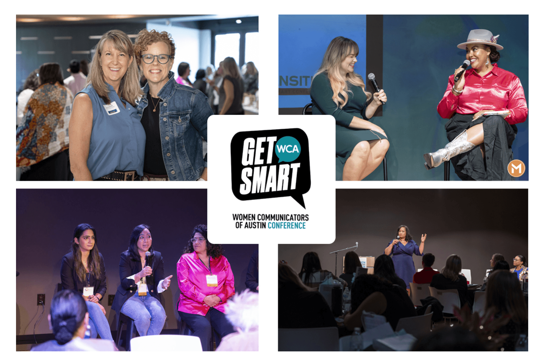 Get Smart, the Women Communicators of Austin conference logo, alongside photos of past speakers and attendees