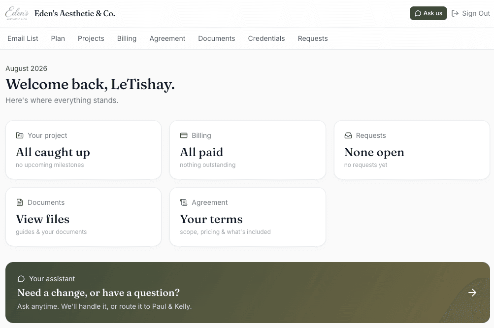 Eden's Aesthetic client portal dashboard with a custom client brand