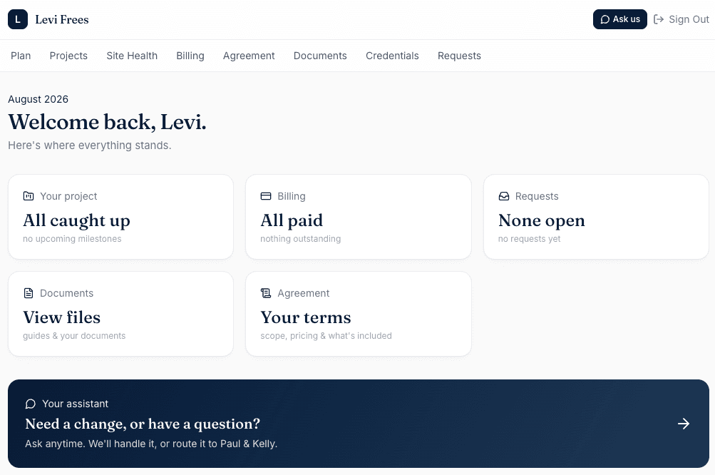 Levi Frees client portal dashboard with a navy client brand